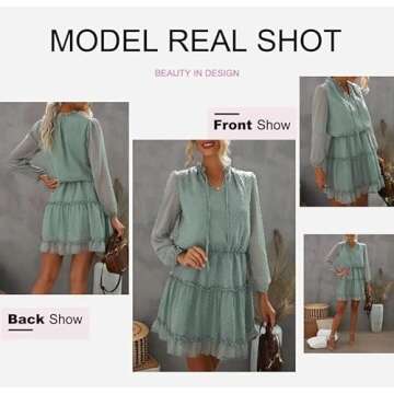 Dokotoo Womens Cute Spring Summer Casual Sexy Deep V Neck Ruffle Chiffon Boho Bell Long Sleeve Elegant Pom Pom Boho Empire Waist Flowy Mini Short Skater Dresses for Women Party 2024 Green Small