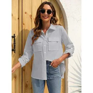 Runcati Womens Button Down Shirt Cotton Linen Long Sleeve V Neck Dress Shirts Casual Loose Roll Up W...