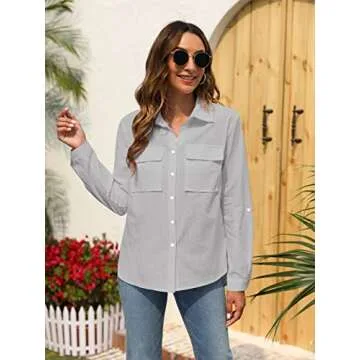 Runcati Womens Button Down Shirt Cotton Linen Long Sleeve V Neck Dress Shirts Casual Loose Roll Up Work Blouse Tops with Pockets Grey