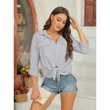 Runcati Womens Button Down Shirt Cotton Linen Long Sleeve V Neck Dress Shirts Casual Loose Roll Up Work Blouse Tops with Pockets Grey