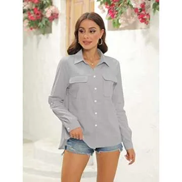 Runcati Womens Button Down Shirt Cotton Linen Long Sleeve V Neck Dress Shirts Casual Loose Roll Up Work Blouse Tops with Pockets Grey