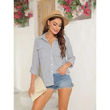 Runcati Womens Button Down Shirt Cotton Linen Long Sleeve V Neck Dress Shirts Casual Loose Roll Up Work Blouse Tops with Pockets Grey