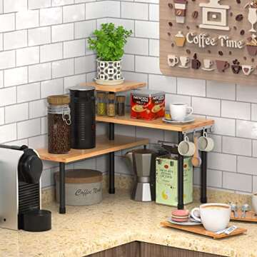 Ollieroo Kitchen Counter Shelf Organizer, 3 Tier Corner Shelf Bamboo Bathroom Countertop Organizer w...