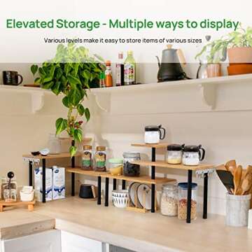 Ollieroo Kitchen Counter Shelf Organizer, 3 Tier Corner Shelf Bamboo Bathroom Countertop Organizer with Hooks, Space Saving Makeup Organizer Spice Rack Corner Plant Shelf