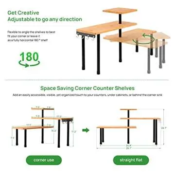 Ollieroo Kitchen Counter Shelf Organizer, 3 Tier Corner Shelf Bamboo Bathroom Countertop Organizer with Hooks, Space Saving Makeup Organizer Spice Rack Corner Plant Shelf