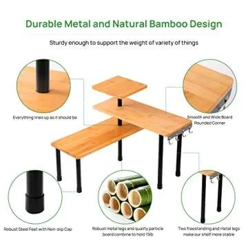 Ollieroo Kitchen Counter Shelf Organizer, 3 Tier Corner Shelf Bamboo Bathroom Countertop Organizer with Hooks, Space Saving Makeup Organizer Spice Rack Corner Plant Shelf