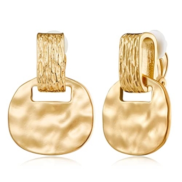 MUYAN Gold Plated Clip On Drop Earrings for Women Hammering Finish Non Piercing Gold Clip Earrings J...