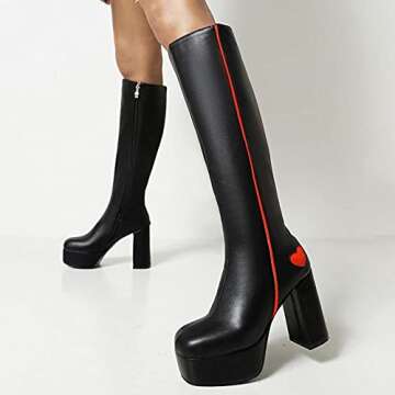AOSPHIRAYLIAN Womens Go Go Boots Block Heel Zipper Sweet Heart Platform Knee High Boots