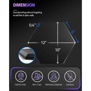 ZenSonic 12 Pack Self-adhesive Sound Proof Foam Panels for Walls, 12" X 10" X 0.4" High Density Hexagon Acoustic Panels, Soundproof Wall Panels Absorb Noise and Wall Decor for Home Studio Office Black