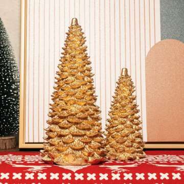 NEROSUN Gold Christmas Tree Figurine, Set of 2 Resin Christmas Tree Table Decorations, Christmas Mini Tree Ornaments Table Centerpiece for Indoor Cabinet Mantel Fireplace Holiday Xmas Decor