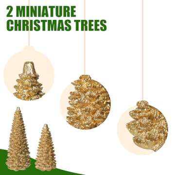 NEROSUN Gold Christmas Tree Figurine, Set of 2 Resin Christmas Tree Table Decorations, Christmas Mini Tree Ornaments Table Centerpiece for Indoor Cabinet Mantel Fireplace Holiday Xmas Decor