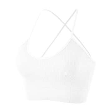 Vertvie Women's Strappy Sports Bra Criss Cross Back Padded Wireless Gym Bra Sexy Workout Yoga Bra Longline Tank Tops Bra(White,Medium)