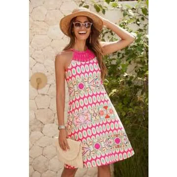 Bluetime Summer Dresses for Women 2024 Vacation Short Mini Sleeveless Bohemian Beach Dress with Pocketss(A-Hot Pink,L)