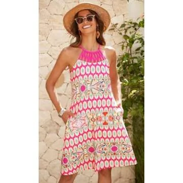 Bluetime Summer Dresses for Women 2024 Vacation Short Mini Sleeveless Bohemian Beach Dress with Pocketss(A-Hot Pink,L)