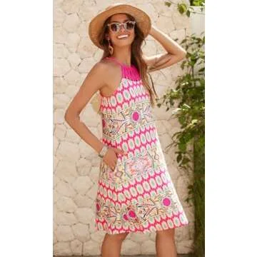Bluetime Summer Dresses for Women 2024 Vacation Short Mini Sleeveless Bohemian Beach Dress with Pocketss(A-Hot Pink,L)
