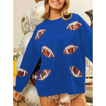 ChiyeeKiss Womens Sparkle Football Sequin Rugby Sweatshirt Game Day Y2K Crewneck Oversized Shirt Long Sleeve Fleece Pullover(0508-Blue-L)