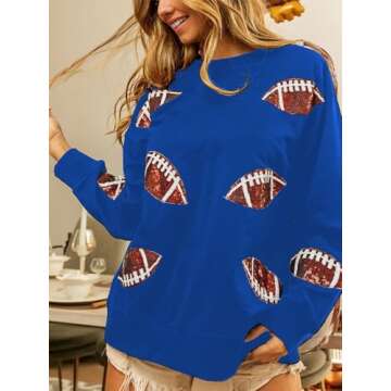 ChiyeeKiss Womens Sparkle Football Sequin Rugby Sweatshirt Game Day Y2K Crewneck Oversized Shirt Long Sleeve Fleece Pullover(0508-Blue-L)