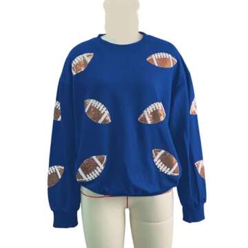 ChiyeeKiss Womens Sparkle Football Sequin Rugby Sweatshirt Game Day Y2K Crewneck Oversized Shirt Long Sleeve Fleece Pullover(0508-Blue-L)