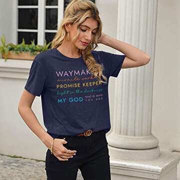 Waymker Shirt Women Funny Shirt Faith Tshirt Religious Short Sleeve Top Dark Blue