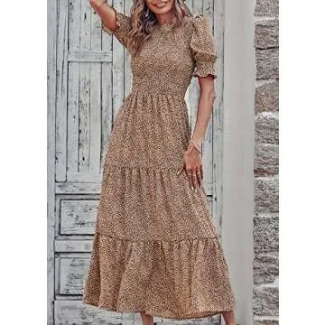 BTFBM Women Casual Summer Dresses 2024 Spring Crew Neck Ruffle Short Sleeve Floral Print Smocked Boho Flowy Maxi Dress(Dot Apricot Brown, Small)