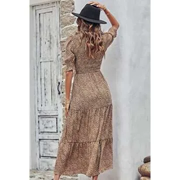 BTFBM Women Casual Summer Dresses 2024 Spring Crew Neck Ruffle Short Sleeve Floral Print Smocked Boho Flowy Maxi Dress(Dot Apricot Brown, Small)