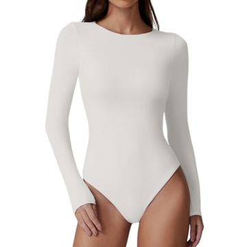 QINSEN Cream Bodysuit for Women Sexy Crewneck Long Sleeve Curved Shoulders Slimming Shirt Tops S