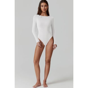 Buy QINSEN Cream Bodysuit Long Sleeve with Curved Shoulders