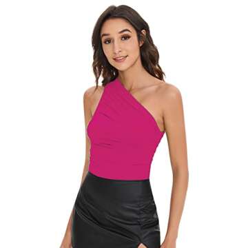 Verdusa Women's One Shoulder Ruched Sleeveless Solid Cropped Tank Top Vest Hot Pink XS