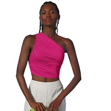 Verdusa Women's One Shoulder Ruched Sleeveless Solid Cropped Tank Top Vest Hot Pink XS