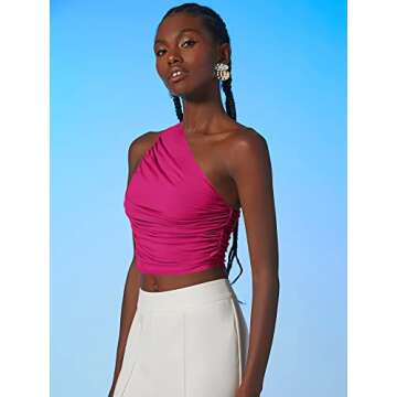 Verdusa Women's One Shoulder Ruched Sleeveless Solid Cropped Tank Top Vest Hot Pink XS