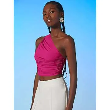 Verdusa Women's One Shoulder Ruched Sleeveless Solid Cropped Tank Top Vest Hot Pink XS