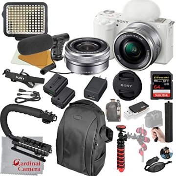 Sony ZV-E10 Mirrorless Camera with 16-50mm Lens (White) Video Bundle + LED Video Light + Microphone ...