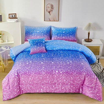 RYNGHIPY 6Pcs Sparkle Gradient Glitter Comforter Set - Vibrant Twin Bedding for Kids