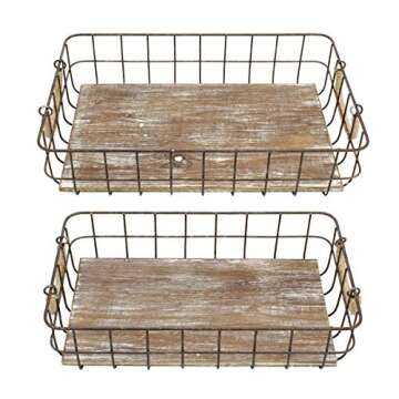 Stonebriar Stackable 2pc Rectangle Metal Wire and Wood Basket Set with Rope Wrapped Handles, Rustic ...