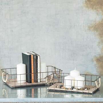 Stonebriar Stackable 2pc Rectangle Metal Wire and Wood Basket Set with Rope Wrapped Handles, Rustic Decor for Home Storage, Decorative Serving Baskets for Weddings, Birthdays, and Holiday Parties