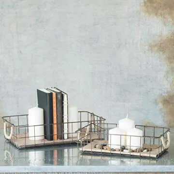 Stonebriar Stackable 2pc Rectangle Metal Wire and Wood Basket Set with Rope Wrapped Handles, Rustic Decor for Home Storage, Decorative Serving Baskets for Weddings, Birthdays, and Holiday Parties