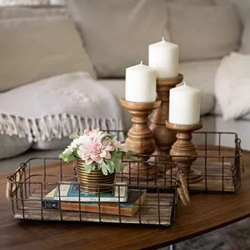 Stonebriar Stackable 2pc Rectangle Metal Wire and Wood Basket Set with Rope Wrapped Handles, Rustic Decor for Home Storage, Decorative Serving Baskets for Weddings, Birthdays, and Holiday Parties