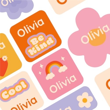 Custom Flower Power Name Labels for Kids - 33 Durable, Waterproof Stickers