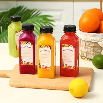 SUPERLELE 8pcs 12oz Juice Bottles with Caps, Juicing Bottles Reusable, Plastic Juicer Bottles with Caps, Labels, Funnel and Brush for Juice, Smoothie, Milk