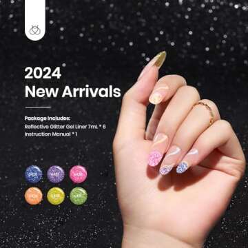 Beetles Gel Liner Nail Art, 6 Colors Reflective Glitter Gel Nail Polish Neon Purple Green Hot Pink Yellow Swirl Glow in the Dark Nail Art Polish, Sparkly Diamond Built Thin Nail Brush in Bottle
