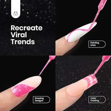 Beetles Gel Liner Nail Art, 6 Colors Reflective Glitter Gel Nail Polish Neon Purple Green Hot Pink Yellow Swirl Glow in the Dark Nail Art Polish, Sparkly Diamond Built Thin Nail Brush in Bottle