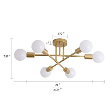 MEIXISUE Gold Modern Sputnik Chandelier Ceiling Light Fixtures,6-Lights Industrial Metal Semi Flush Mount Ceiling Light for Bedroom Dining Room Living Room Kitchen Hallway UL Listed