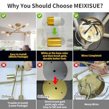 MEIXISUE Gold Modern Sputnik Chandelier Ceiling Light Fixtures,6-Lights Industrial Metal Semi Flush Mount Ceiling Light for Bedroom Dining Room Living Room Kitchen Hallway UL Listed