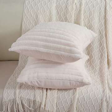 FUTEI Cream White Striped Decorative Throw Pillow Covers 18x18 Inch Set of 2,Square Winter Decorations Couch Pillow Case,Soft Cozy Faux Rabbit Fur & Velvet Back,Modern Home Decor for Bed