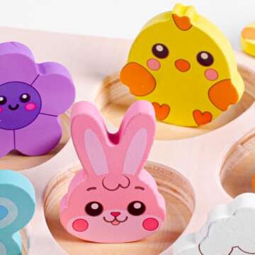 Waybla Easter Basket Stuffers - Easter-Themed Wooden Peg Puzzle for Toddlers 1-3, Montessori Educational Toy and Learning Activity