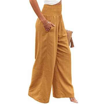 Women Cotton Linen Pants Loose Beach Elastic High Waist Casual Wide Leg Palazzo Yoga Lounge Trousers with Pockets Yellow