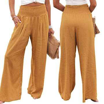 Women Cotton Linen Pants Loose Beach Elastic High Waist Casual Wide Leg Palazzo Yoga Lounge Trousers with Pockets Yellow