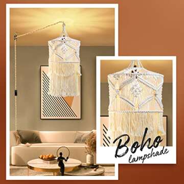 Boho Plug in Pendant Light, 15FT Hanging Lights with Plug in Cord, Pendant Lights with Handmade Macrame Lamp Shade, Hemp Rope Cord and On/Off Switch, Hanging Lamp for Boho Bedroom Decor Living Room