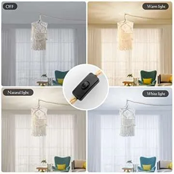 Boho Plug in Pendant Light, 15FT Hanging Lights with Plug in Cord, Pendant Lights with Handmade Macrame Lamp Shade, Hemp Rope Cord and On/Off Switch, Hanging Lamp for Boho Bedroom Decor Living Room