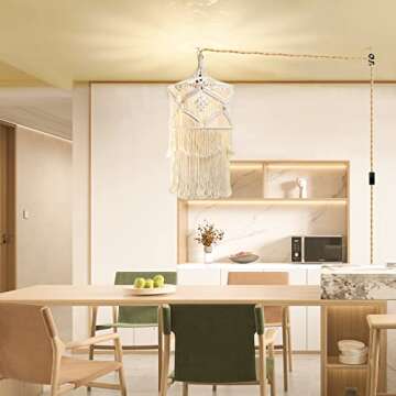 Boho Plug in Pendant Light, 15FT Hanging Lights with Plug in Cord, Pendant Lights with Handmade Macrame Lamp Shade, Hemp Rope Cord and On/Off Switch, Hanging Lamp for Boho Bedroom Decor Living Room